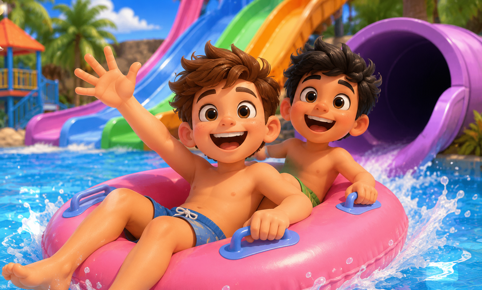 Niños disfrutando en los toboganes del parque acuático AquaVera