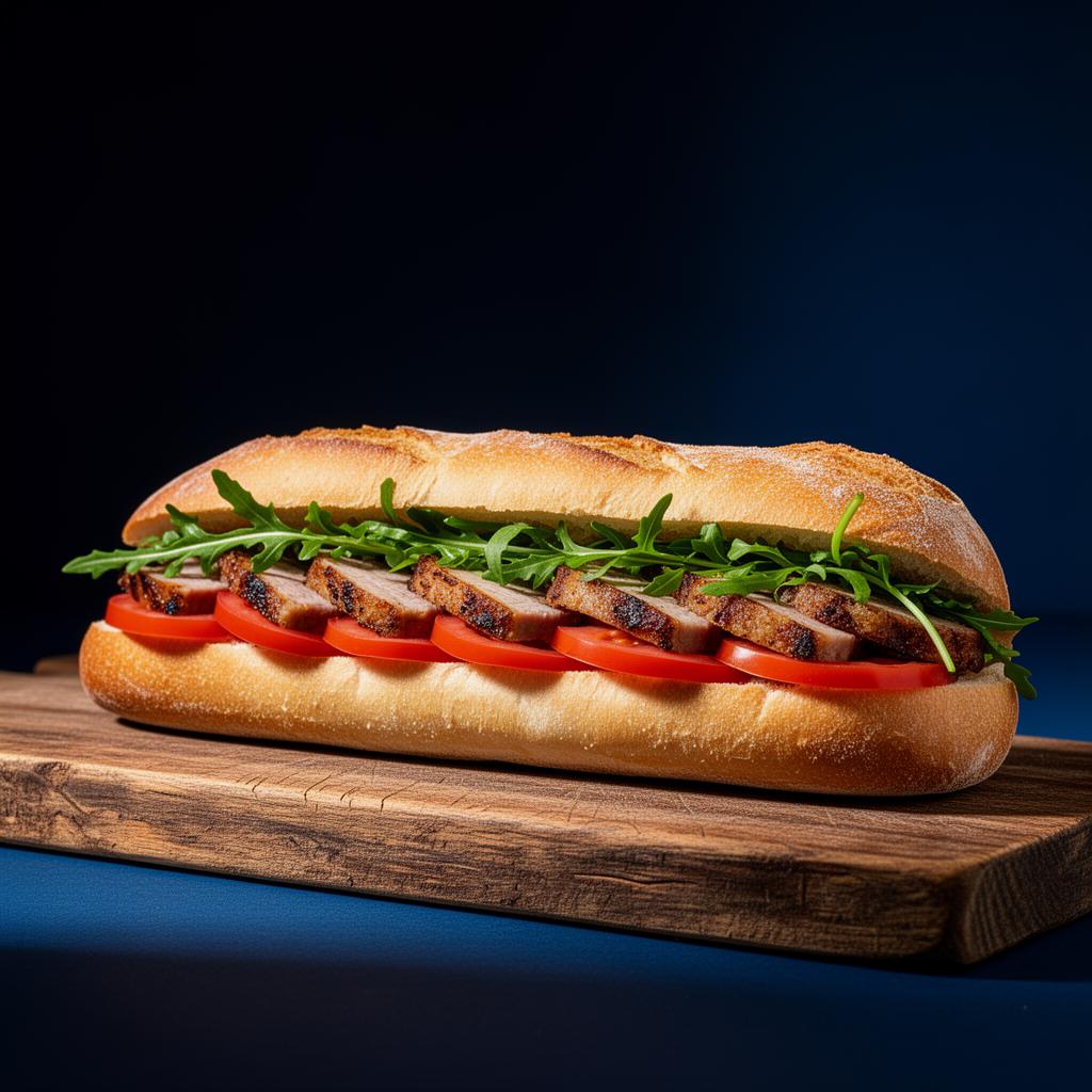 Bocata de lomo con tomate y rúcula sobre tabla de madera